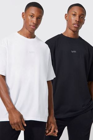 2'li Man Yazı Süprem T-Shirt - Siyah Beyaz Baskılı Oversize Bisiklet Yaka Kısa Kol Tişört