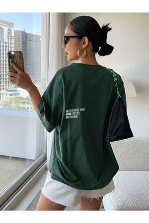 Kadın Yeşil Oversize Effect T-shirt - Oversize Baskılı
