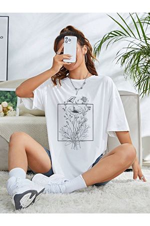 Floral Desen T-shirt - Beyaz Baskılı Oversize Bisiklet Yaka Kısa Kol Tişört