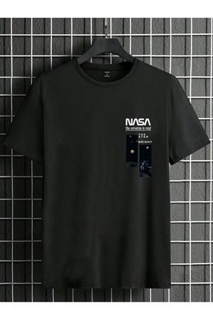 Siyah Oversize Nasa Baskılı T-shirt - Oversize Baskılı Bisiklet Yaka Kısa Kol Rahat Kalıp Tişört