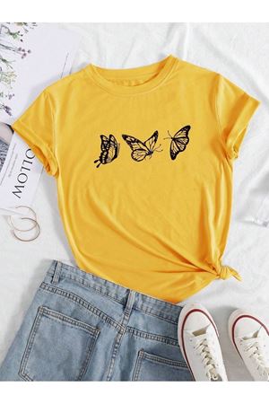 Uçan Kelebekler Süprem T-Shirt - Sarı Baskılı Oversize Bisiklet Yaka Kısa Kol Tişört