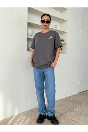 Füme Oversize Butterflies T-shirt - Oversize Baskılı