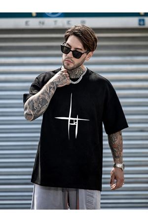 Siyah Çizgi Baskılı Oversize Salas Boyfriend Erkek T-shirt
