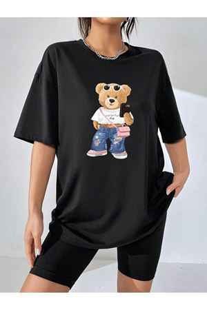 Colorful Bear Süprem T-Shirt - Siyah Baskılı Oversize Bisiklet Yaka Kısa Kol Tişört