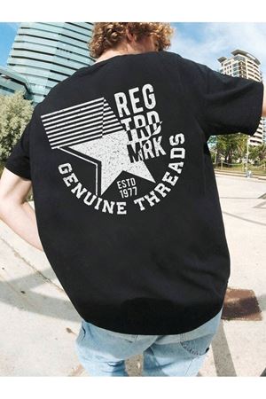 Genuıne Threads Oversize Siyah Baskılı T-shirt - Bisiklet Yaka Kısa Kol Rahat Kalıp Tişört