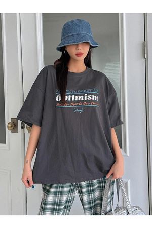 Füme Oversize Optimism T-shirt - Oversize Baskılı