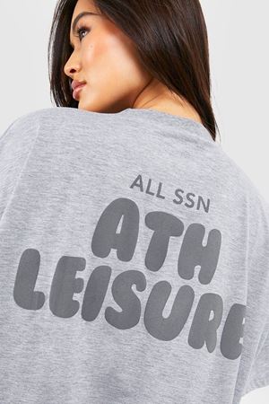 Ath Leisure T-shirt - Gri Baskılı Oversize Bisiklet Yaka Kısa Kol Tişört