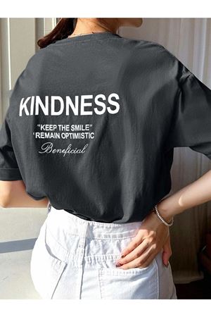 Füme Oversize Kındness T-shirt - Oversize Baskılı