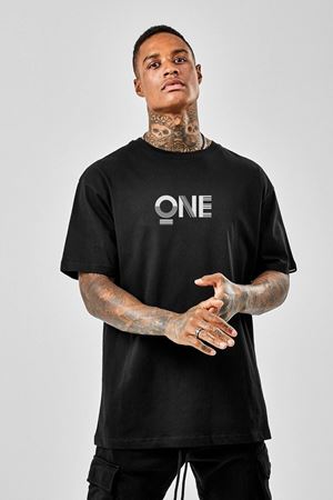 One T-shirt - Siyah Baskılı Oversize Bisiklet Yaka Kısa Kol Tişört