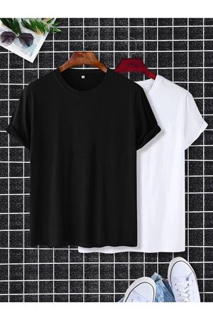 Düz Basic 2'li Çoklu Kombin T-shirt -Siyah Beyaz Oversize Bisiklet Yaka