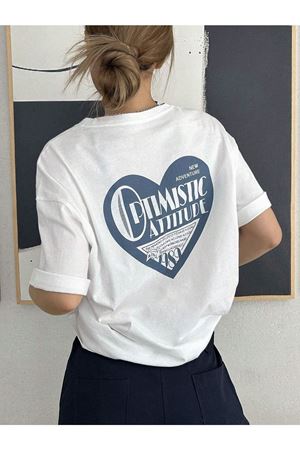 Optimistic Attitude T-shirt - Beyaz Baskılı Oversize Bisiklet Yaka Kısa Kol Tişört