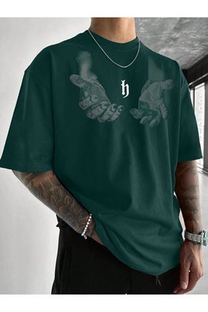 Erkek El Baskı Oversize Nefti Yeşil Baskılı T-shirt - Bisiklet Yaka Kısa Kol Rahat Kalıp Tişört