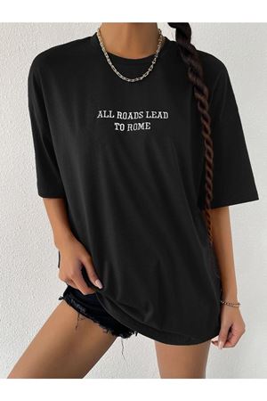 To Rome T-shirt - Siyah Baskılı Oversize Bisiklet Yaka Kısa Kol Tişört