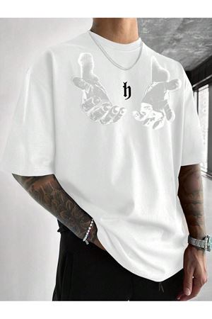 Erkek El Baskı Oversize Beyaz Baskılı T-shirt - Bisiklet Yaka Kısa Kol Rahat Kalıp Tişört
