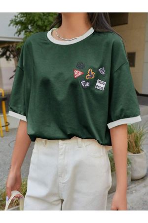 Uncool Nefti Yeşil Gövde Beyaz Biyeli T-shirt - Oversize Bisiklet Yaka Kısa Kol Tişört