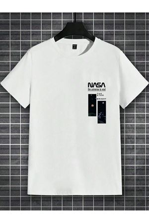 Beyaz Oversize Nasa Baskılı T-shirt - Oversize Baskılı Bisiklet Yaka Kısa Kol Rahat Kalıp Tişört