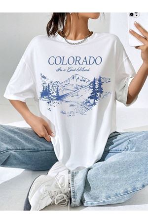 Colarado T-Shirt - Beyaz Baskılı Oversize Bisiklet Yaka Kısa Kol