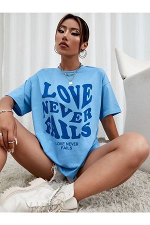 Love Neverfails T-shirt - Bebe Mavisi Baskılı Oversize Bisiklet Yaka Kısa Kol Tişört