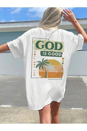God Good Süprem T-Shirt - Beyaz Baskılı Oversize Bisiklet Yaka Kısa Kol Tişört