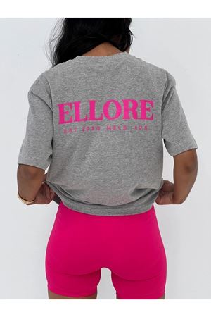 Ellore T-Shirt - Gri Baskılı Oversize Bisiklet Yaka Kısa Kol Tişört