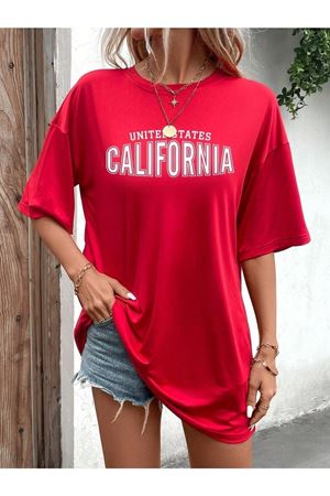 Us California T-Shirt - Kırmızı Baskılı Oversize Bisiklet Yaka Kısa Kol