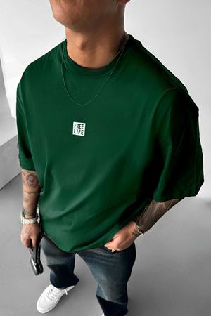 Free Life Oversize Yeşil Baskılı T-shirt - Bisiklet Yaka Kısa Kol Rahat Kalıp Tişört