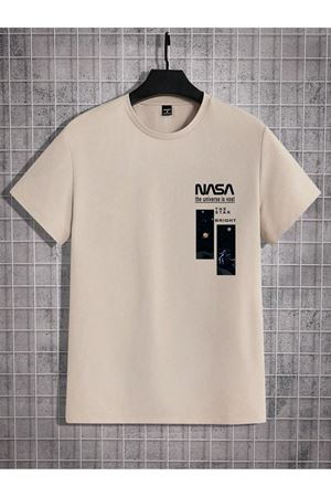 Bej Oversize Nasa Baskılı T-shirt - Oversize Baskılı Bisiklet Yaka Kısa Kol Rahat Kalıp Tişört