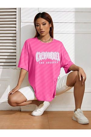 California Letter T-Shirt - Pembe Baskılı Oversize Bisiklet Yaka Kısa Kol Tişört