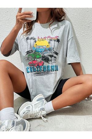 California Arabalar T-shirt - Gri Baskılı Oversize Bisiklet Yaka Kısa Kol Tişört