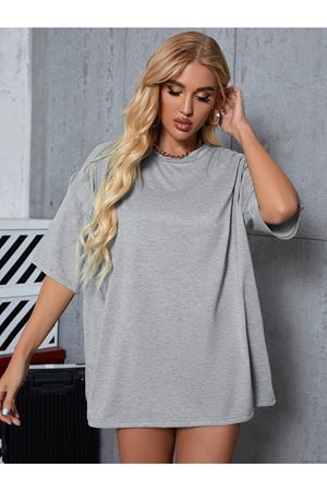 Gri Basic Düz Baskısız Oversize Salas Boyfriend Kadın T-shirt