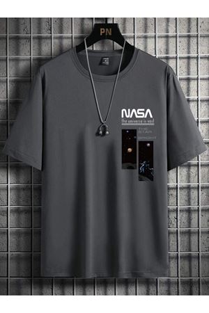 Füme Oversize Nasa Baskılı T-shirt - Oversize Baskılı Bisiklet Yaka Kısa Kol Rahat Kalıp Tişört
