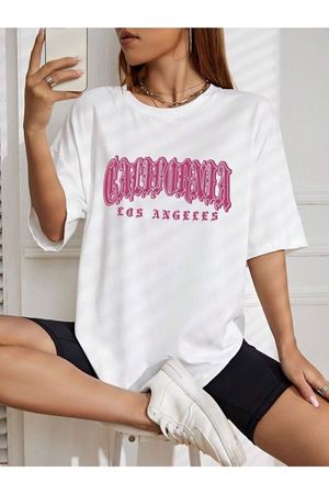 California Letter T-Shirt - Beyaz Baskılı Oversize Bisiklet Yaka Kısa Kol Tişört