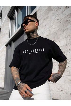 Los Angeles Downtown Süprem T-Shirt - Siyah Baskılı Oversize Bisiklet Yaka Kısa Kol Tişört