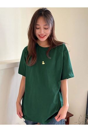 Ördek Minimal T-shirt - Yeşil Oversize Baskılı Bisiklet Yaka