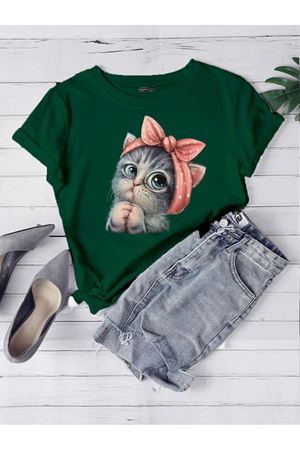 Oversize Yeşil Sevimli Minik Kedi Baskılı T-shirt Unisex Rahat Kalıp