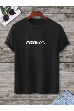 Why Not T-shirt - Siyah Baskılı Oversize Bisiklet Yaka Kısa Kol Tişört