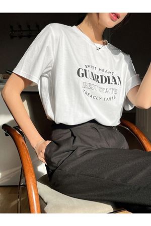 Guardian T-Shirt - Beyaz Baskılı Oversize Bisiklet Yaka Kısa Kol