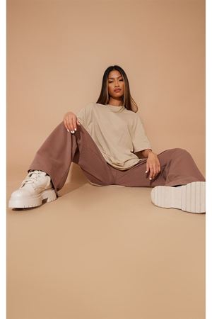 Düz Süprem T-Shirt - Bej Oversize Bisiklet Yaka Kısa Kol Tişört