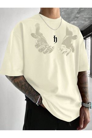 Erkek El Baskı Oversize Bej Baskılı T-shirt - Bisiklet Yaka Kısa Kol Rahat Kalıp Tişört