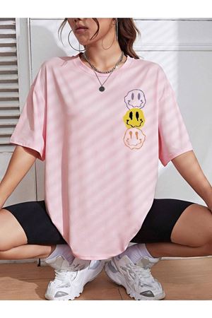 Emoji T-Shirt - Pembe Baskılı Oversize Bisiklet Yaka Kısa Kol