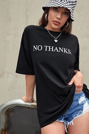 No Thanks T-shirt - Siyah Baskılı Oversize Bisiklet Yaka Kısa Kol Tişört