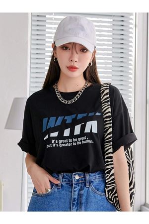 Wtfk T-Shirt - Siyah Baskılı Oversize Bisiklet Yaka Kısa Kol