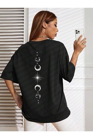 Moon Start T-Shirt - Siyah Baskılı Oversize Bisiklet Yaka Kısa Kol