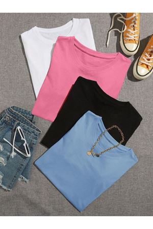 Düz Basic 4'lü Çoklu Kombin T-shirt - Beyaz Pembe Siyah Ve Bebe Mavisi Oversize Bisiklet Yaka