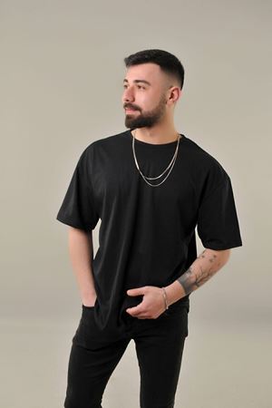 Erkek Düz Basic T-shirt - Siyah Oversize Bisiklet Yaka Kısa Kol Tişört