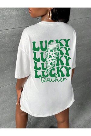 Lucky Süprem T-Shirt - Beyaz Baskılı Oversize Bisiklet Yaka Kısa Kol Tişört