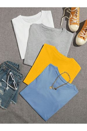 Düz Basic 4'lü Çoklu Kombin T-shirt - Beyaz Gri Sarı Ve Bebe Mavi Oversize Bisiklet Yaka