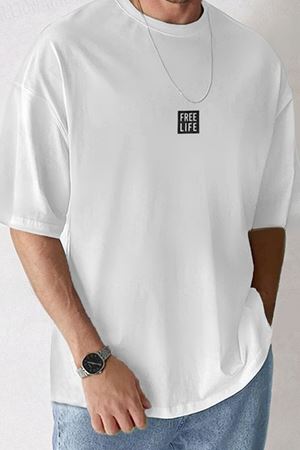 Free Life Oversize Beyaz Baskılı T-shirt - Bisiklet Yaka Kısa Kol Rahat Kalıp Tişört