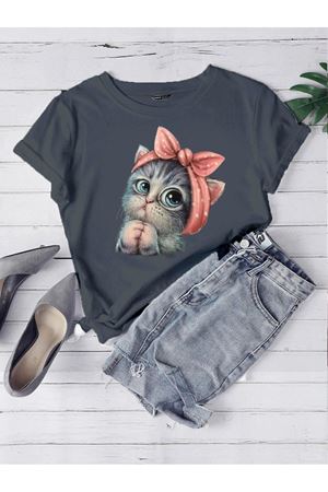 Oversize Füme Sevimli Minik Kedi Baskılı T-shirt Unisex Rahat Kalıp