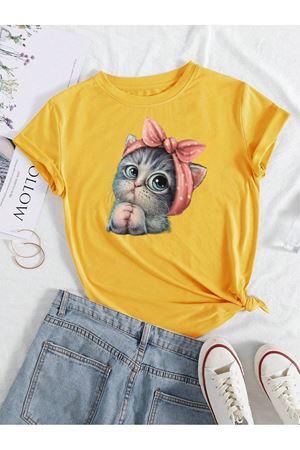 Oversize Sarı Sevimli Minik Kedi Baskılı T-shirt Unisex Rahat Kalıp